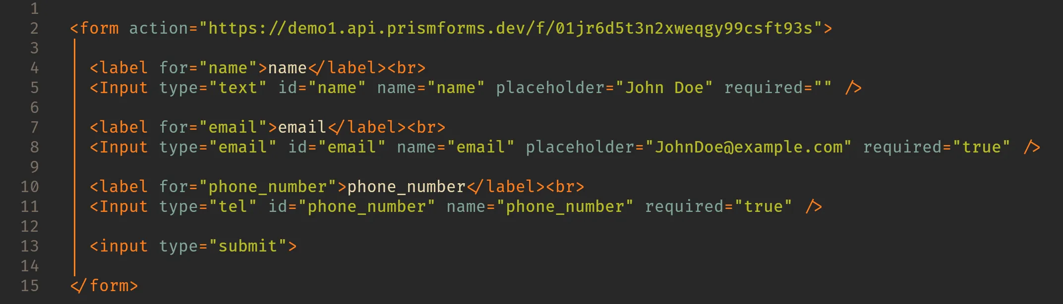Example of generated HTML5 code of custom form.